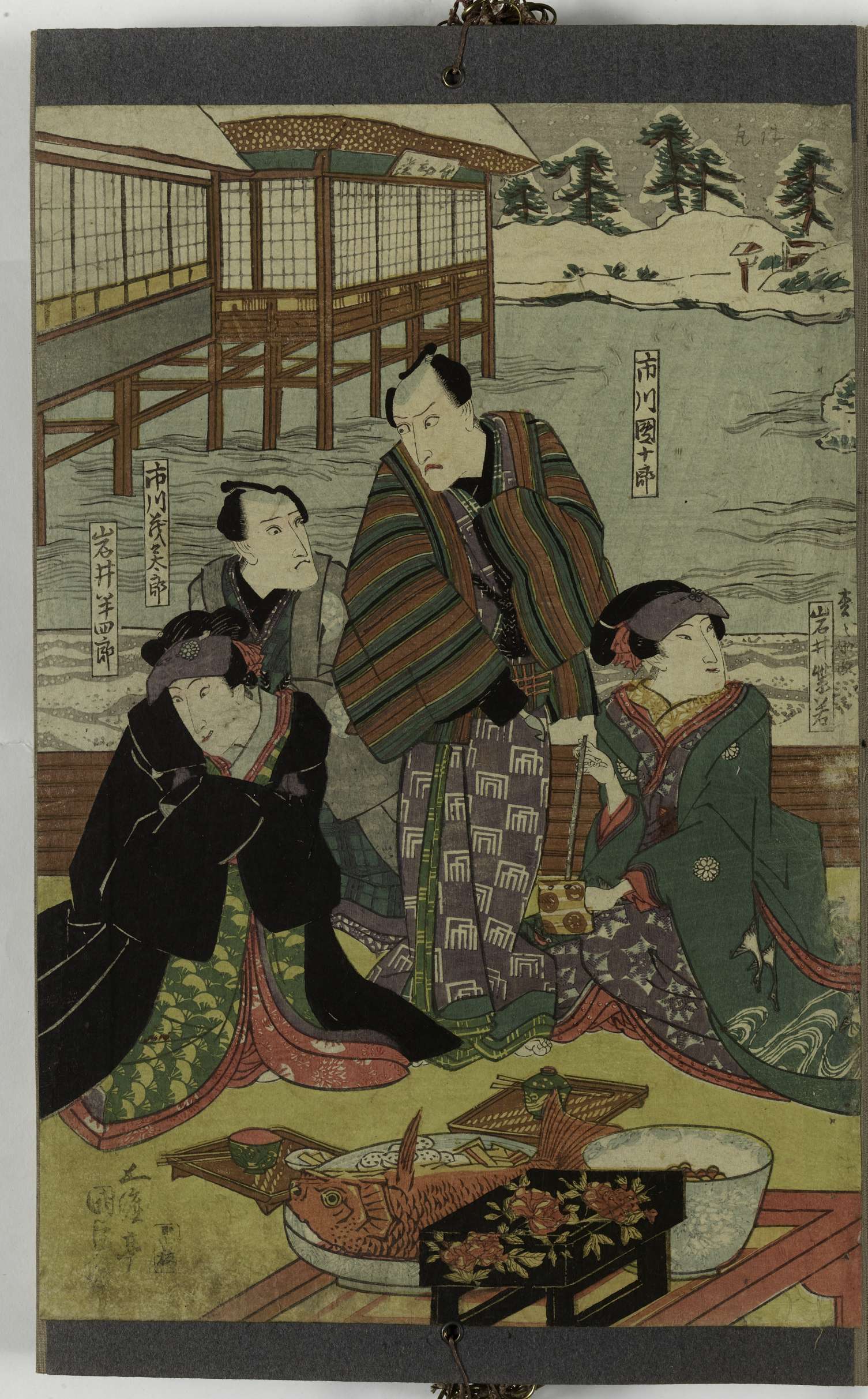 Vue de la villa d'Ichikawa Sansho sous la neige à Kiba. Iwai Shijaku, Ichikawa Danjuro, Ichikawa Momotaro, Iwai Hanshiro